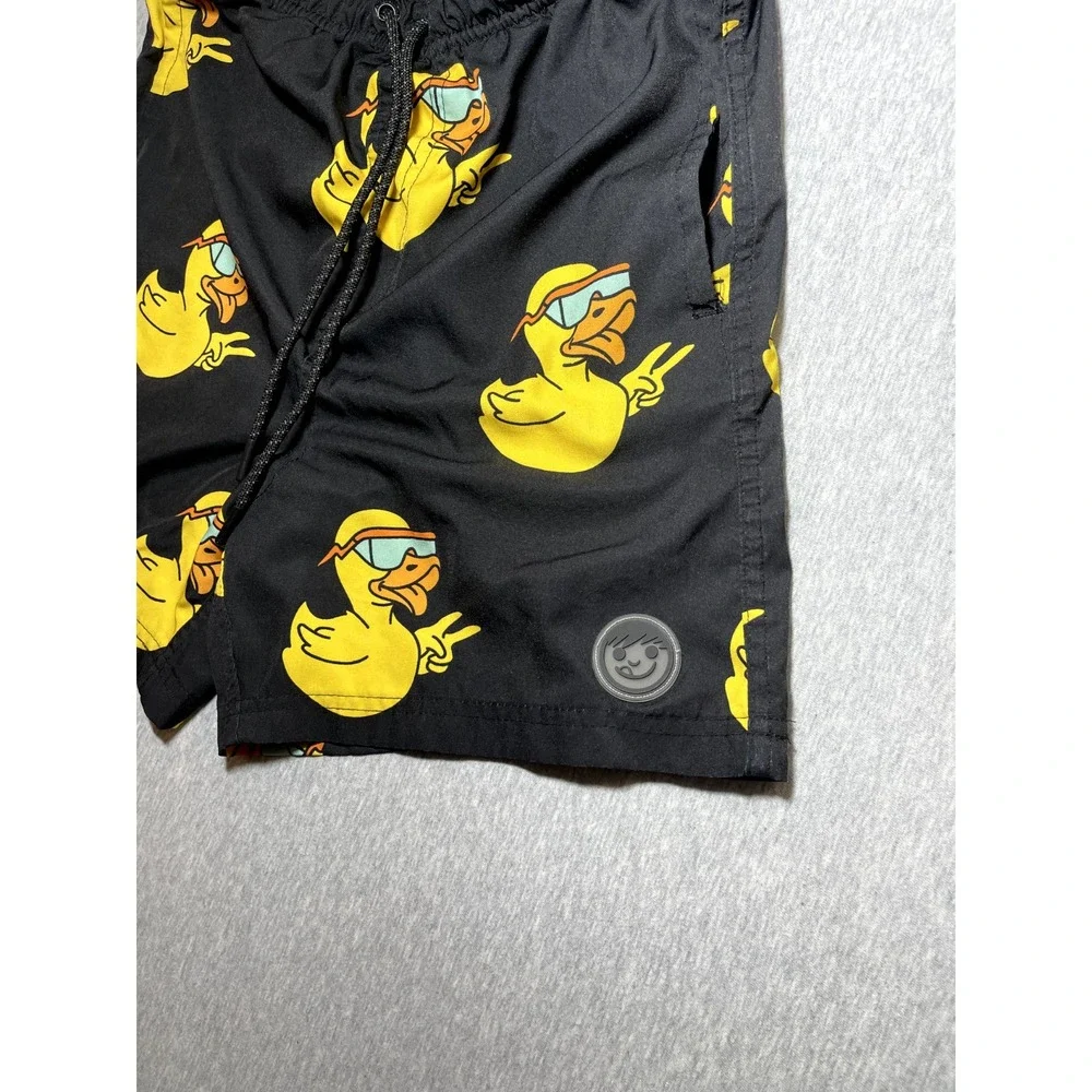 Neff Swim Shorts Mens M Black Yellow Duck Peace Sign Graphic Boardshorts